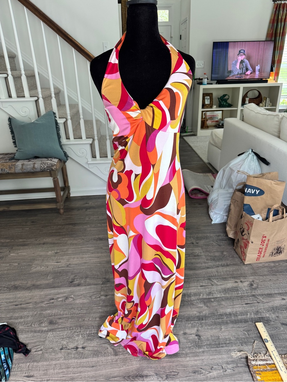 Bisou Bisou Pink Orange Yellow Brown Halter Maxi Dress